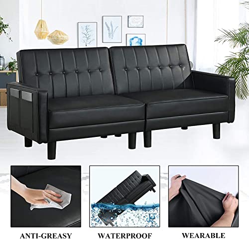 Convertible Black Futon Sofa Bed with Armrests