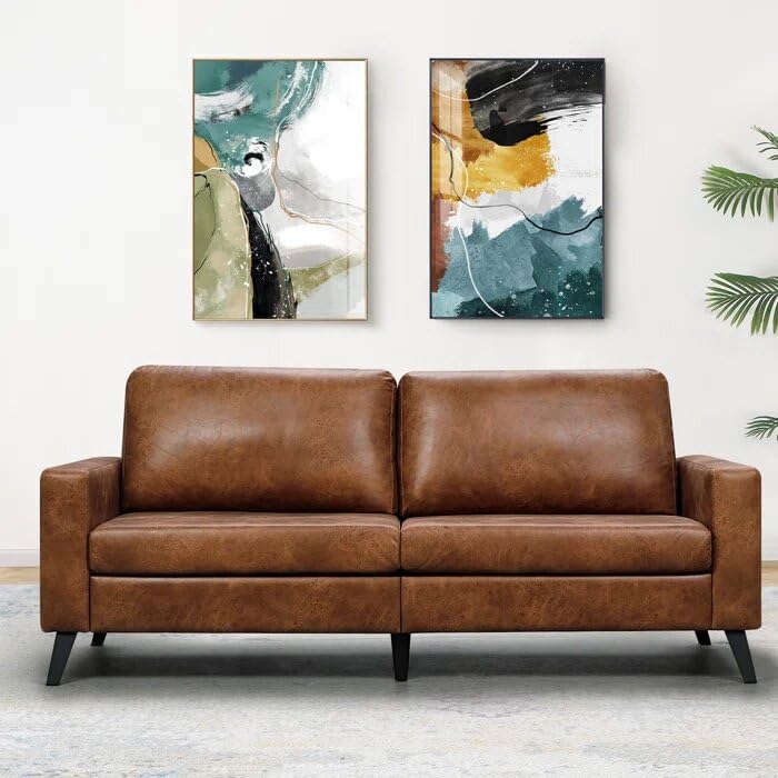 Brown Mid-Century Modern Faux Leather Sofa