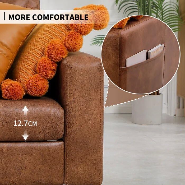 Brown Mid-Century Modern Faux Leather Sofa