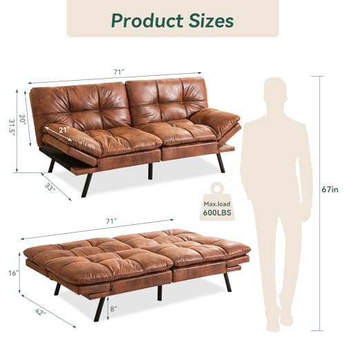 Caramel Brown Convertible Faux Leather Futon Sofa