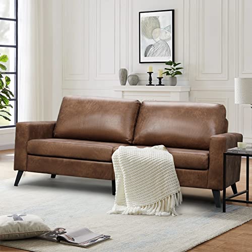 Brown Mid-Century Modern Faux Leather Sofa
