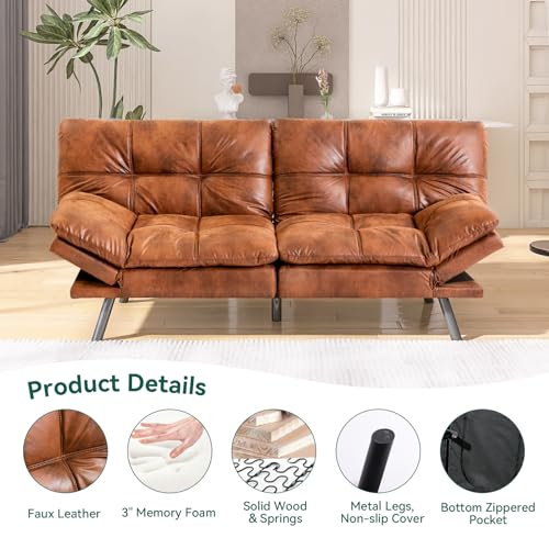 Caramel Brown Convertible Faux Leather Futon Sofa