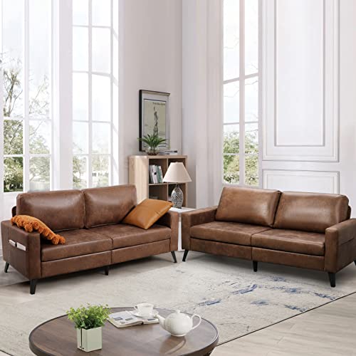 Brown Mid-Century Modern Faux Leather Sofa