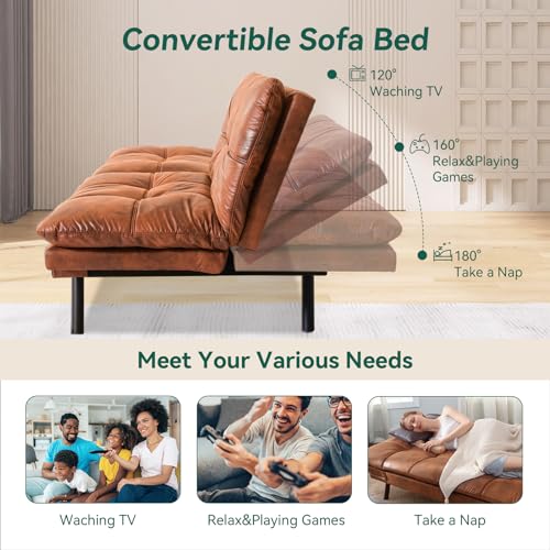 Caramel Brown Convertible Faux Leather Futon Sofa