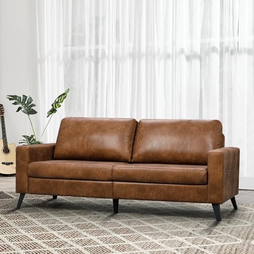 Brown Mid-Century Modern Faux Leather Sofa