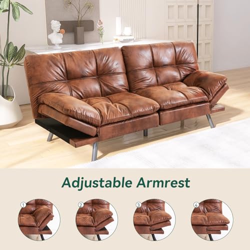 Caramel Brown Convertible Faux Leather Futon Sofa