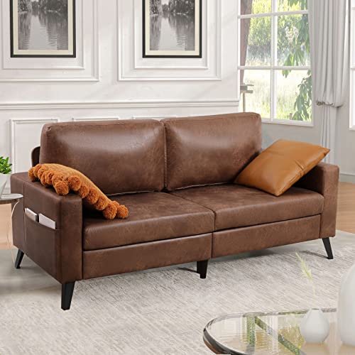 Brown Mid-Century Modern Faux Leather Sofa