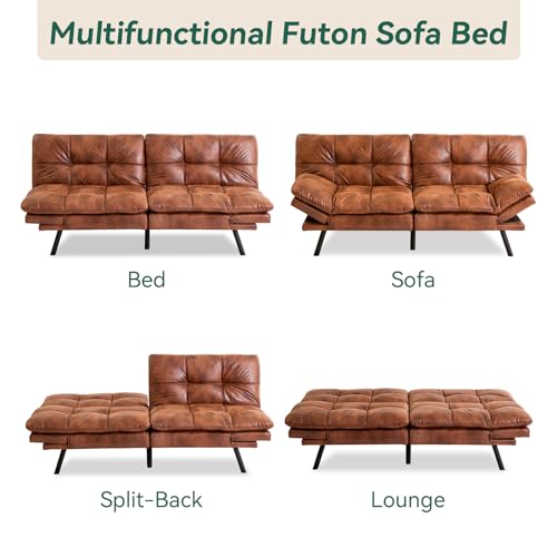 Caramel Brown Convertible Faux Leather Futon Sofa