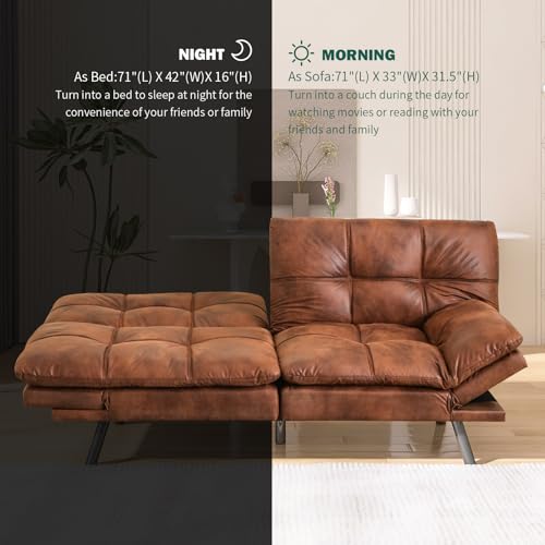 Caramel Brown Convertible Faux Leather Futon Sofa