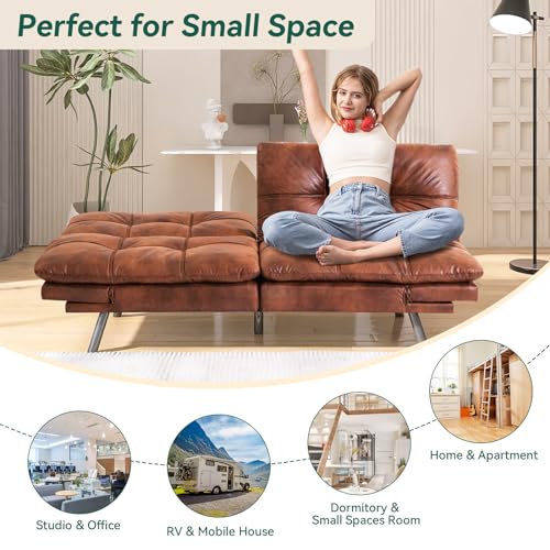 Caramel Brown Convertible Faux Leather Futon Sofa