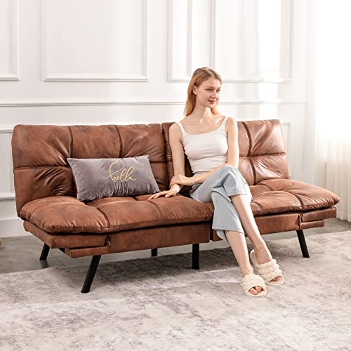 Thicker Brown Faux Leather Futon Sofa Bed