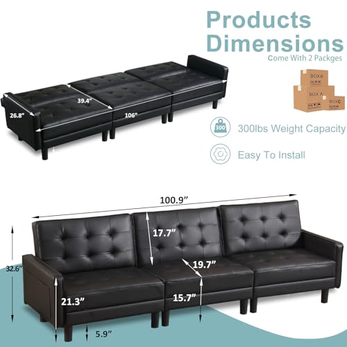 Black Convertible Futon Sofa Bed with Pockets