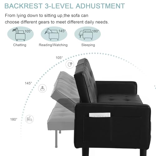 Black Convertible Futon Sofa Bed with Pockets