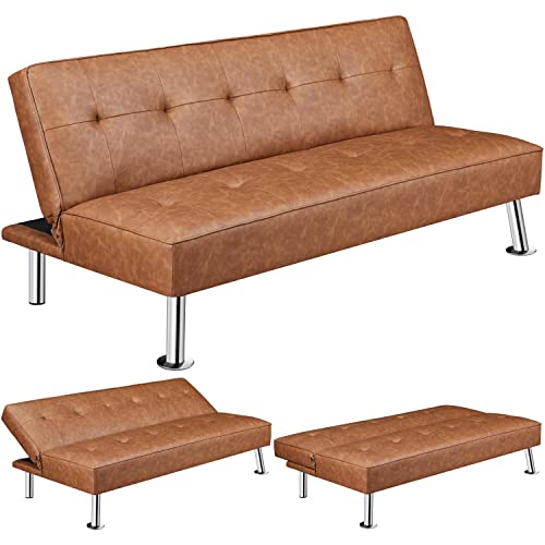 Adjustable Brown Faux Leather Sofa Bed