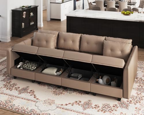 Cognac Brown Modular Sleeper Sofa with Storage