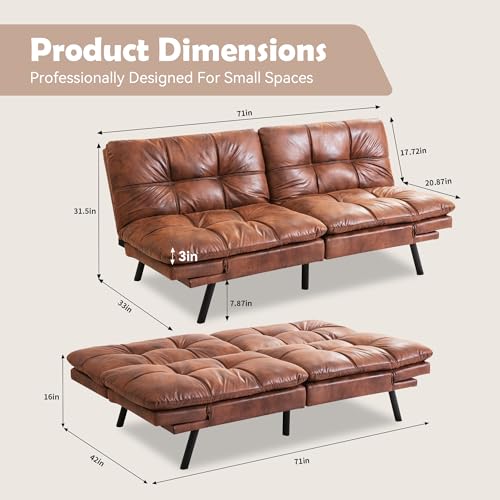 Brown Leather Futon Sofa Bed for Small Spaces