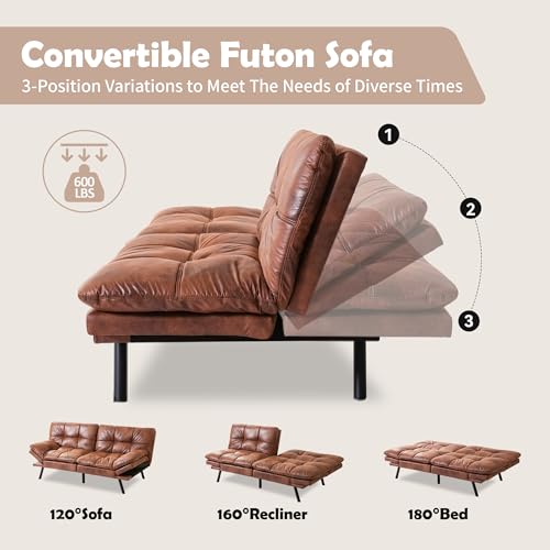 Brown Leather Futon Sofa Bed for Small Spaces