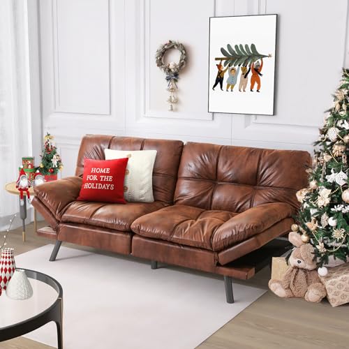 Brown Leather Futon Sofa Bed for Small Spaces