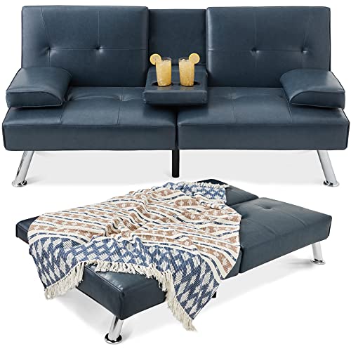 Blue Faux Leather Modern Convertible Sofa Bed with Armrests