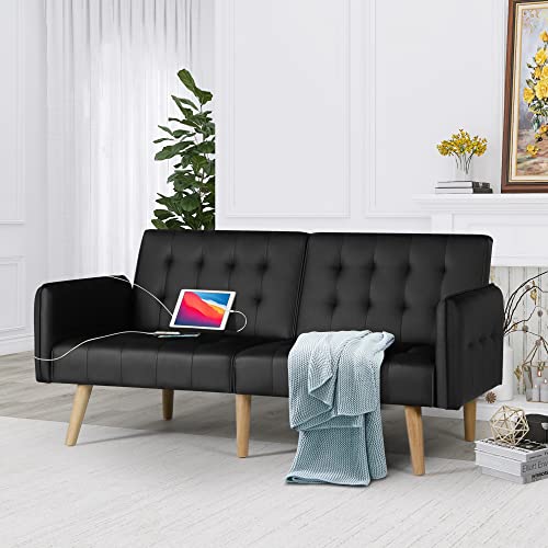 Black Faux Leather Convertible Futon Sofa Bed
