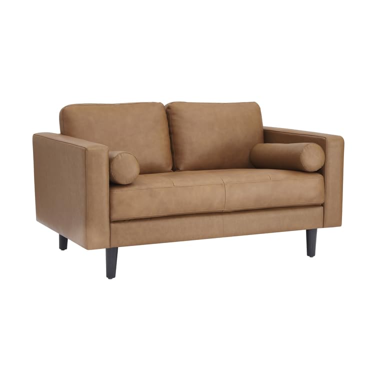 Tan Mid-Century Genuine Leather Loveseat Sofa Bed