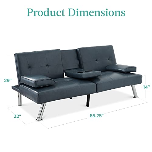 Blue Faux Leather Modern Convertible Sofa Bed with Armrests