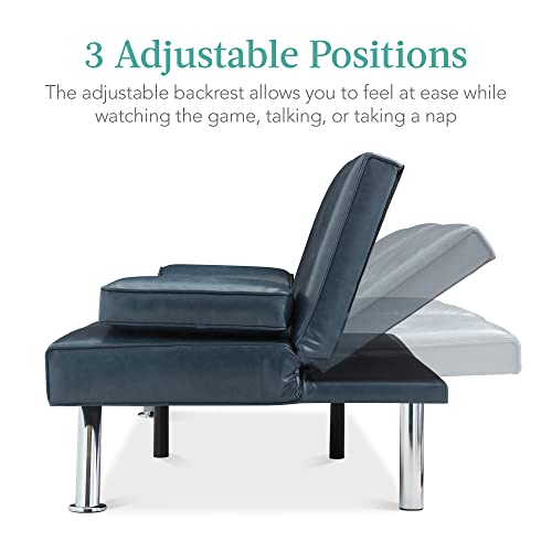 Blue Faux Leather Modern Convertible Sofa Bed with Armrests