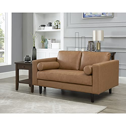 Tan Mid-Century Genuine Leather Loveseat Sofa Bed