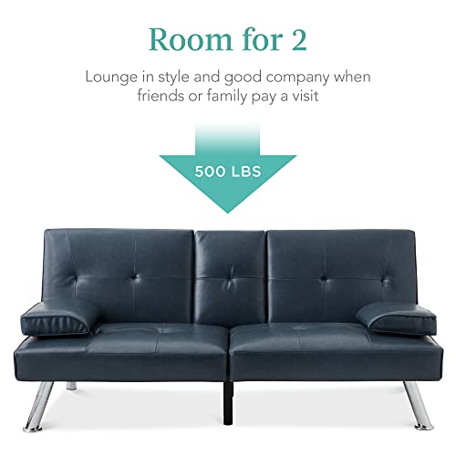 Blue Faux Leather Modern Convertible Sofa Bed with Armrests