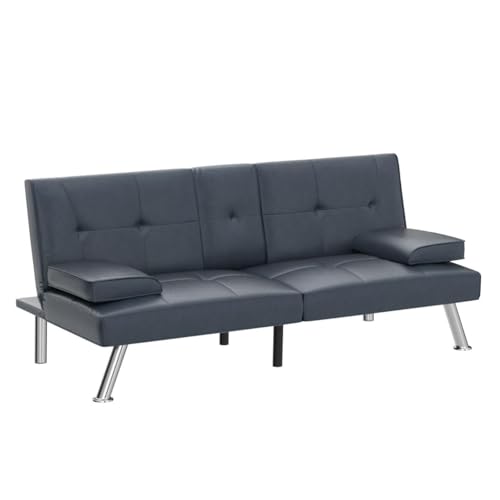 Blue Faux Leather Modern Convertible Sofa Bed with Armrests