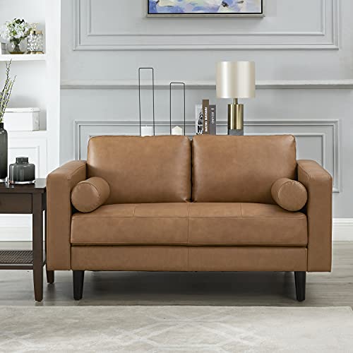 Tan Mid-Century Genuine Leather Loveseat Sofa Bed