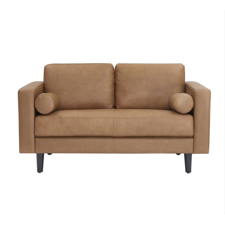 Tan Mid-Century Genuine Leather Loveseat Sofa Bed