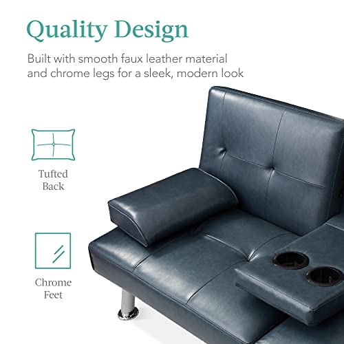 Blue Faux Leather Modern Convertible Sofa Bed with Armrests