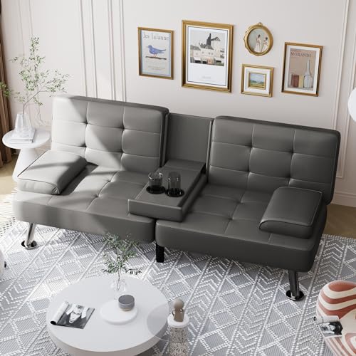 Gray Convertible Futon Sofa Bed with Cup Holders