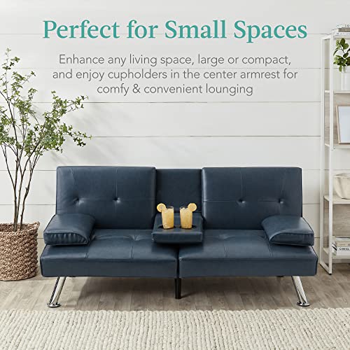 Blue Faux Leather Modern Convertible Sofa Bed with Armrests