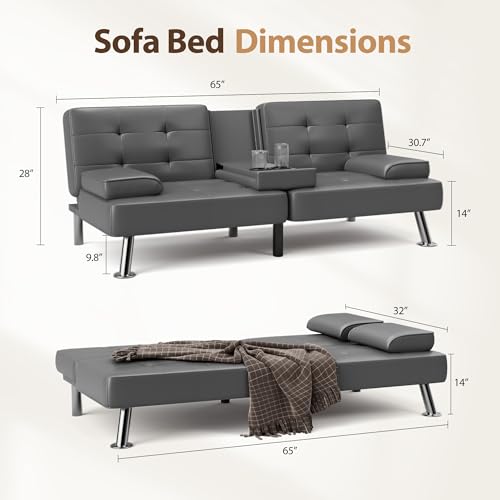 Gray Convertible Futon Sofa Bed with Cup Holders