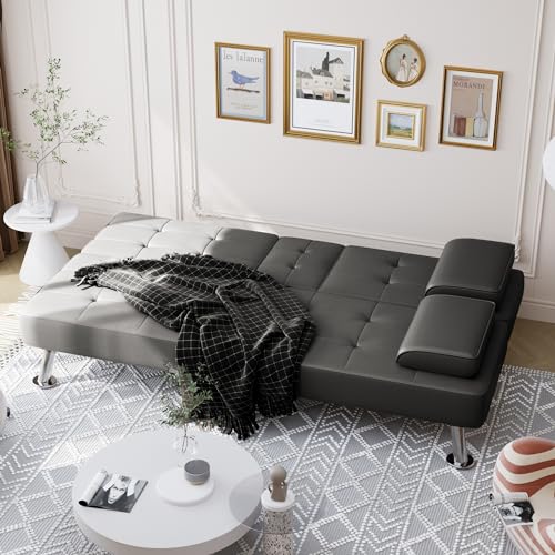 Gray Convertible Futon Sofa Bed with Cup Holders
