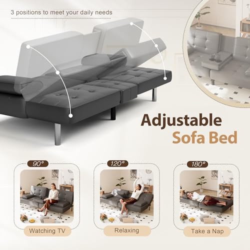 Gray Convertible Futon Sofa Bed with Cup Holders