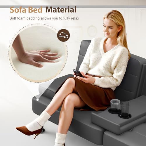 Gray Convertible Futon Sofa Bed with Cup Holders