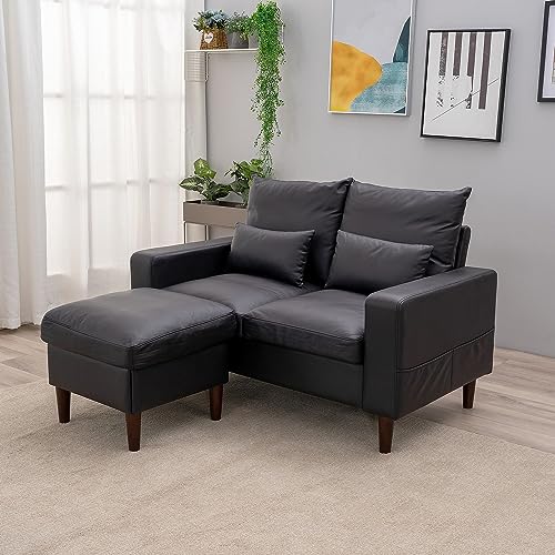 Compact Black Loveseat Sofa with Ottoman