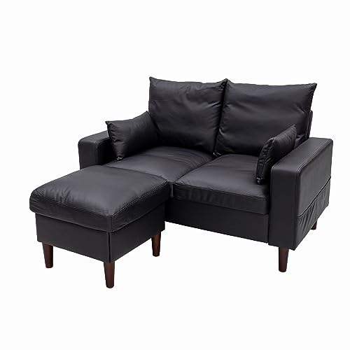 Compact Black Loveseat Sofa with Ottoman