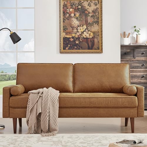 70" Faux Leather Mid Century Sofa with Pillows
