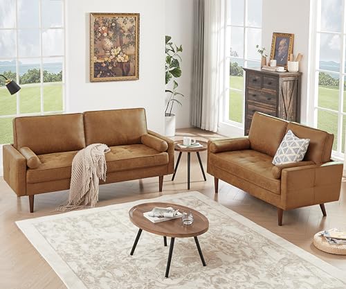 70" Faux Leather Mid Century Sofa with Pillows