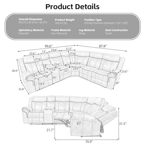 Grey Manual Recliner Sectional Sofa Set with Storage