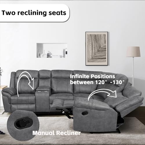 Grey Manual Recliner Sectional Sofa Set with Storage