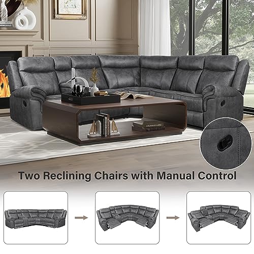 Grey Manual Recliner Sectional Sofa Set with Storage