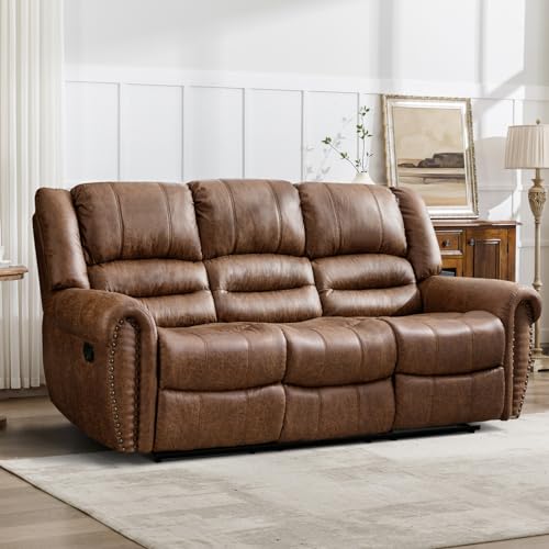 Brown Leather Manual Reclining 3-Seat Sofa