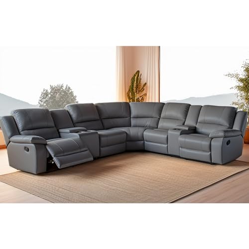 Cozy Leather Sectional Sofa with Recliners and Cup Holders