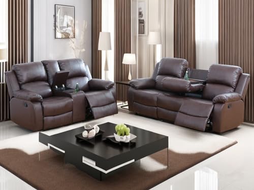 Brown Bonded Leather Recliner Sofa Set with Cup Holders