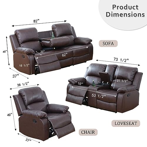 Brown Bonded Leather Recliner Sofa Set with Cup Holders